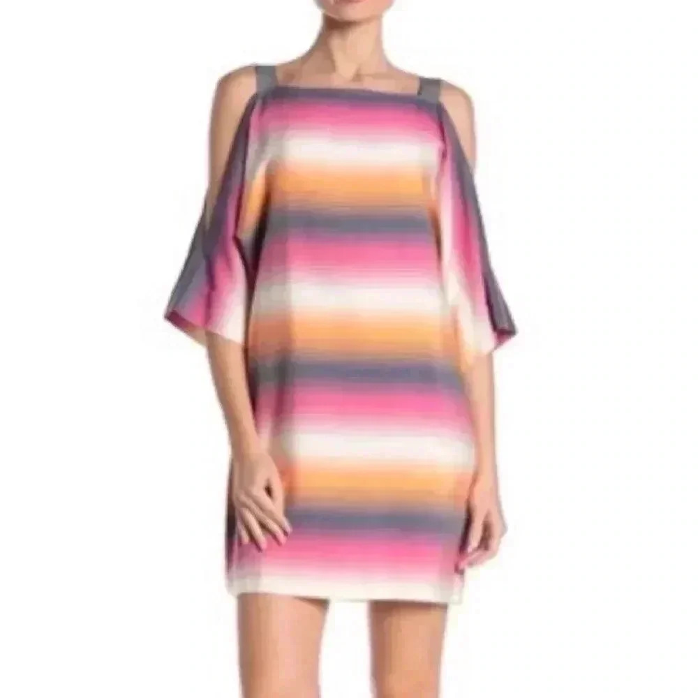Trina Turk Barcoa Pink White Orange  Stripe Cut Out Sleeve Dress